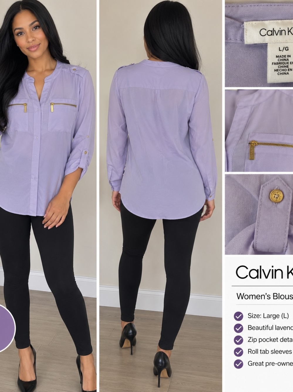 Calvin Klein Lavender Roll-Tab Blouse with Gold Zips